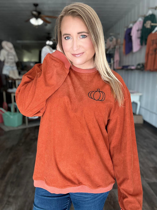 EMBROIDERED PUMPKIN CORDED CREW