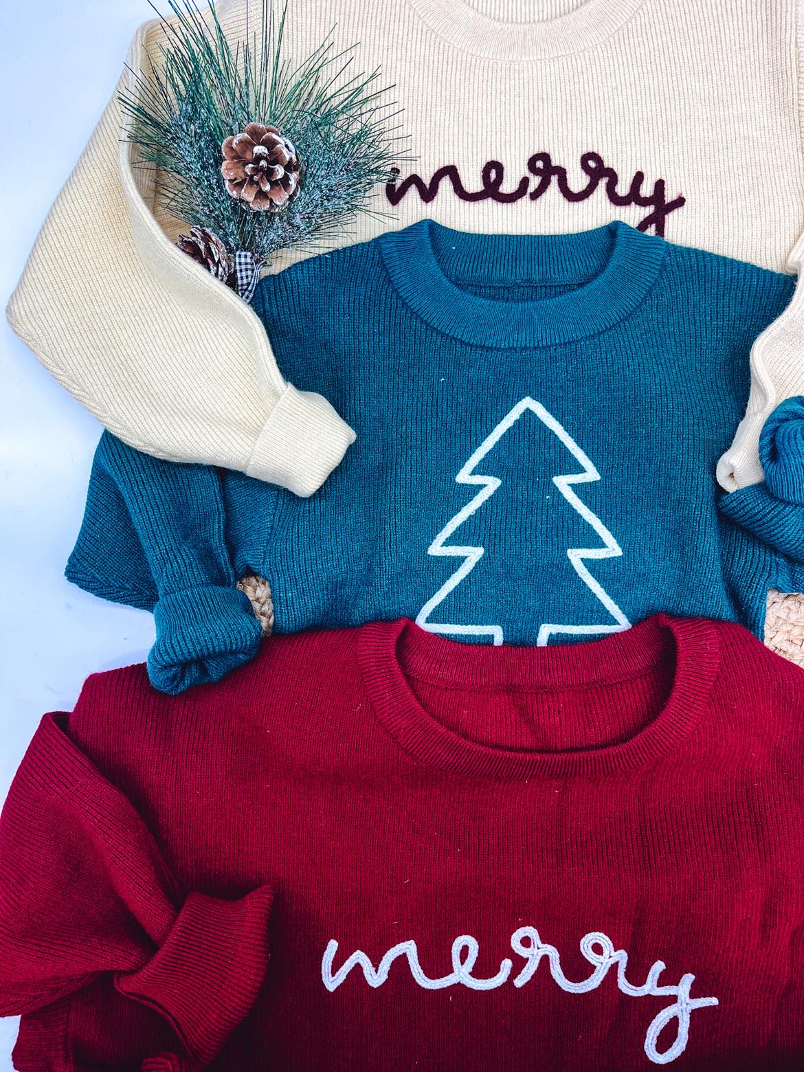 ROPE EMBROIDERED “MERRY” SWEATERS (BIGS + LITTLES)