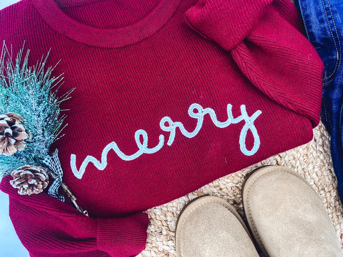 ROPE EMBROIDERED “MERRY” SWEATERS (BIGS + LITTLES)