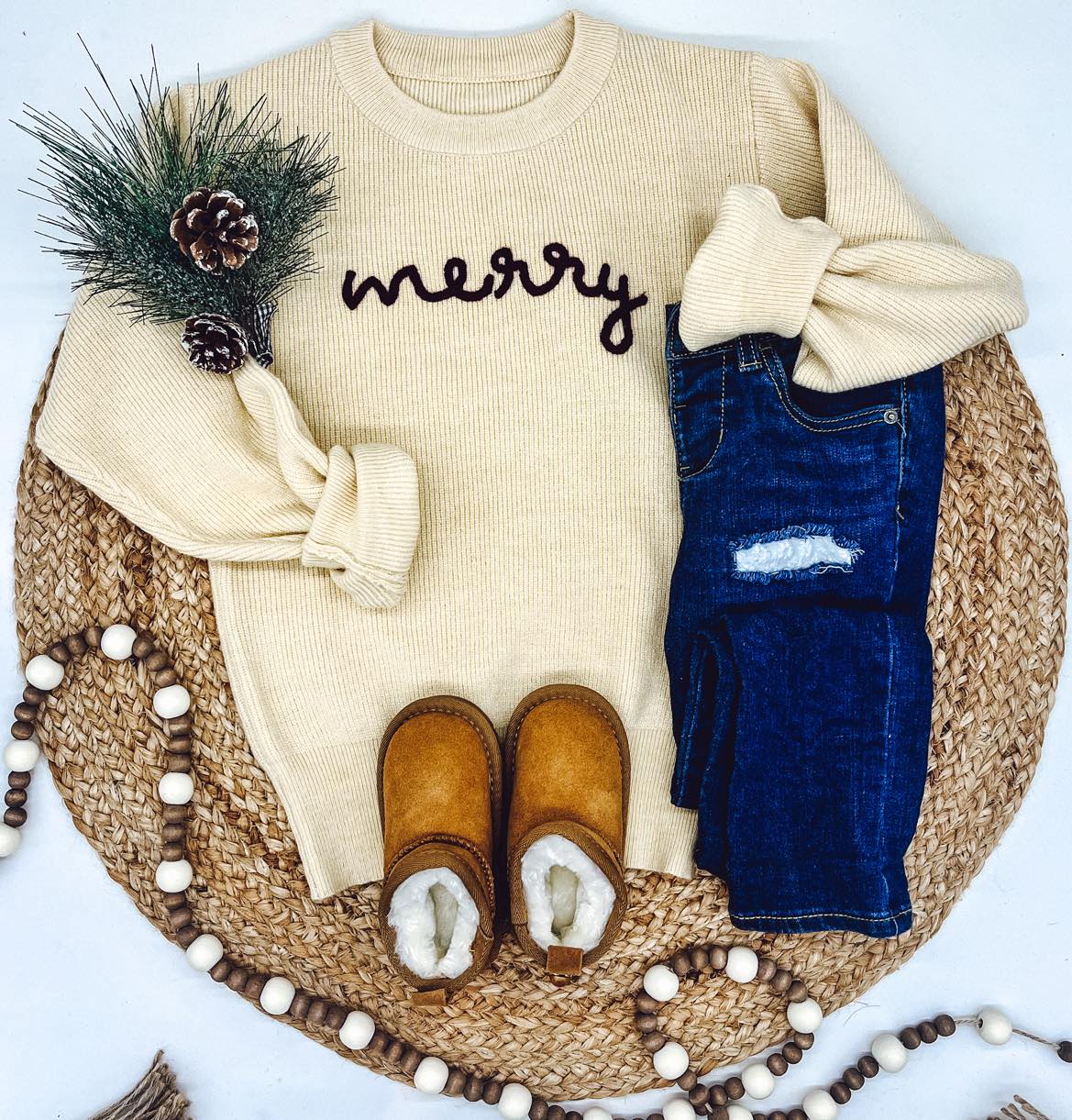 ROPE EMBROIDERED “MERRY” SWEATERS (BIGS + LITTLES)