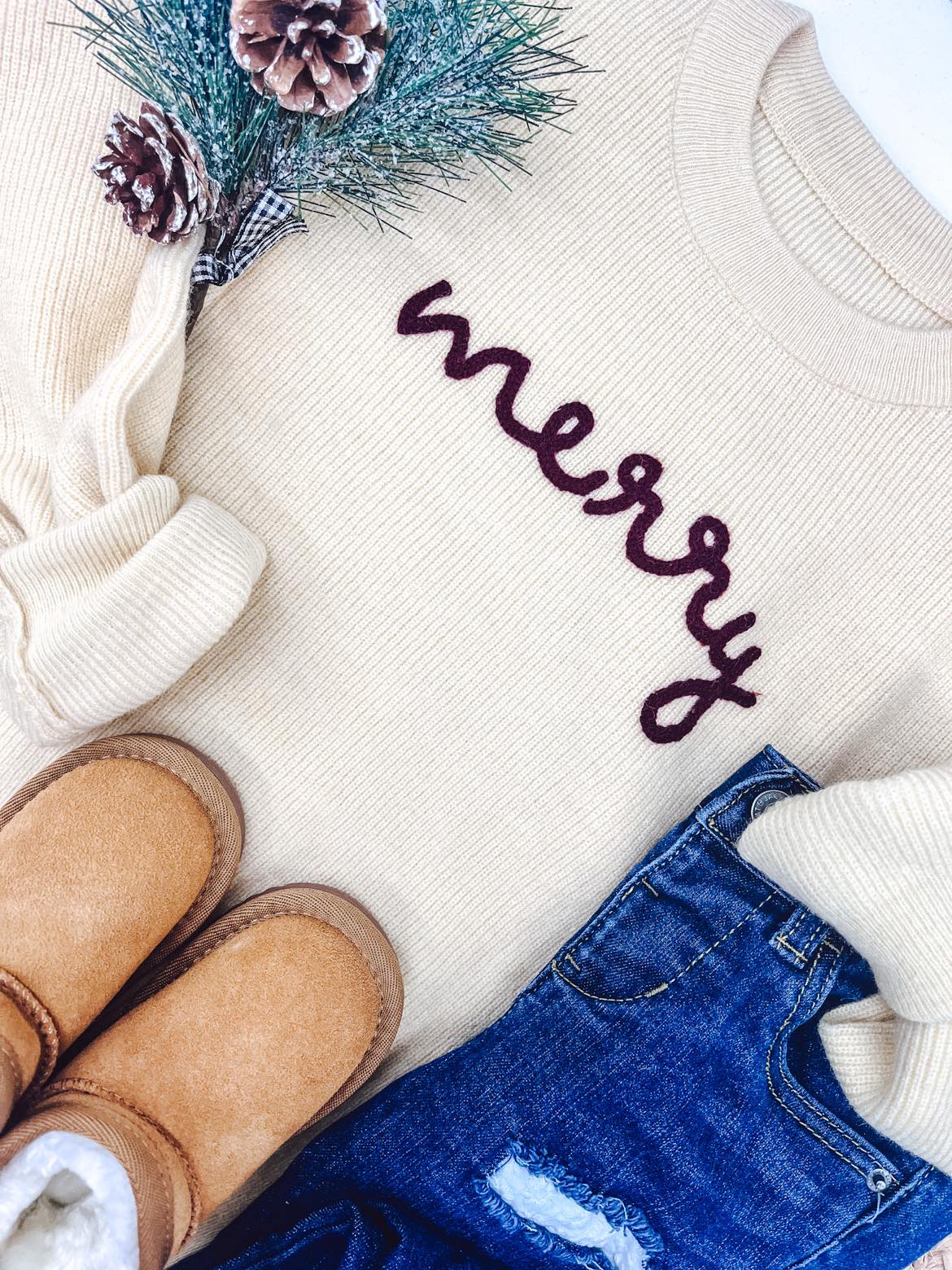 ROPE EMBROIDERED “MERRY” SWEATERS (BIGS + LITTLES)